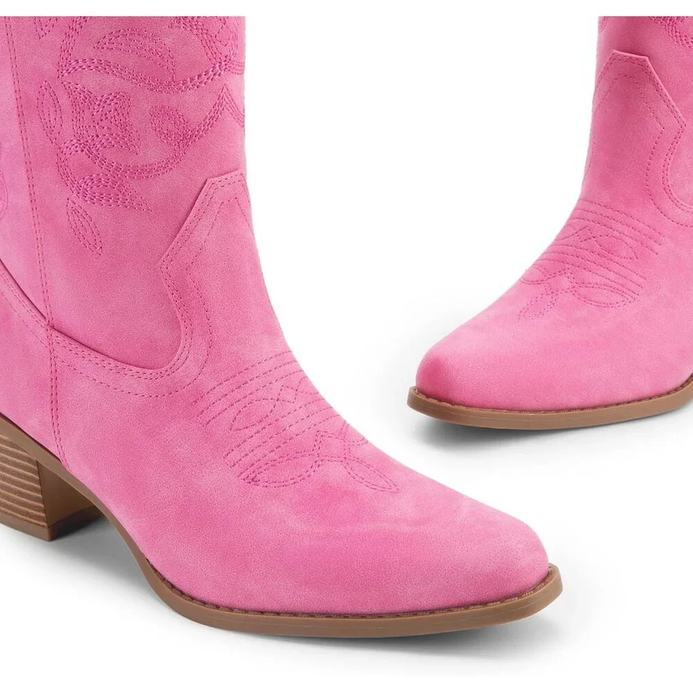 Women's Pink Cowgirl Western Boots Fashion Embroidery Stitched Chunky Heel - Picture 5 of 8